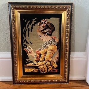 Vintage Fragonard Young Girl Reading ‘The Reader’ Needlepoint Gold Frame 18”x 13